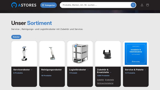 Startseite des B2B-Shops aistoresde.com mit Suchfeld und Sortiment
