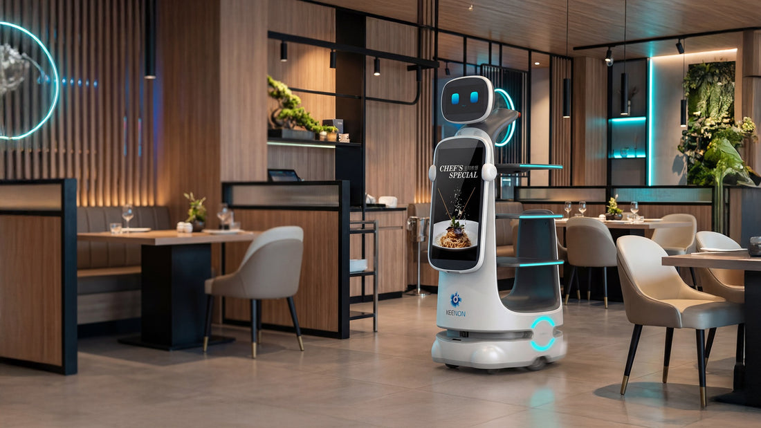 Keenon Serviceroboter T10 mit Speisen im Restaurant – Serviceroboter in Gastronomie und Hotel