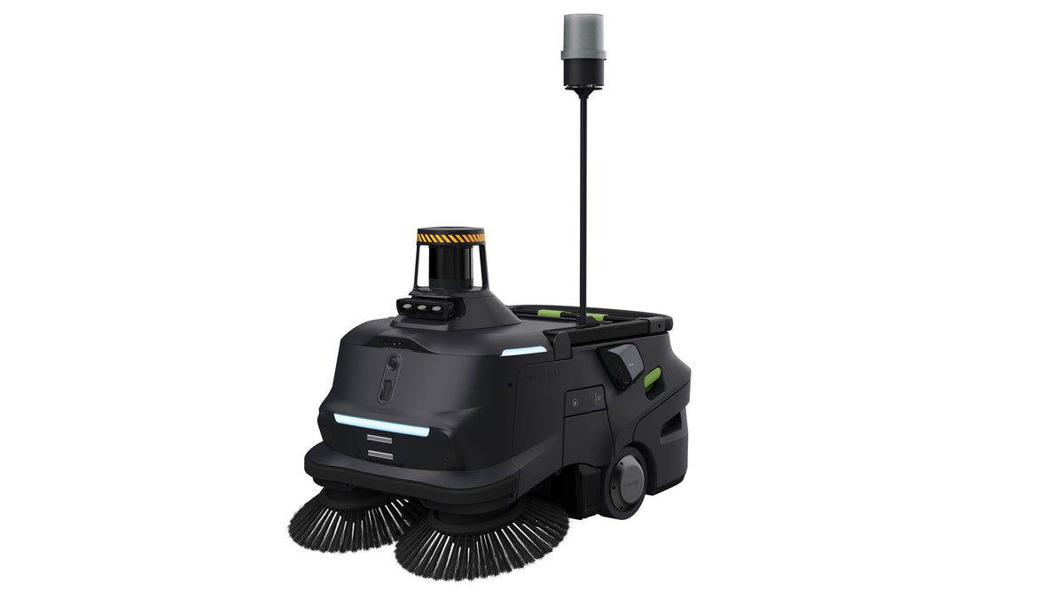 PUDU MT1 Max Kehrroboter für sehr große Flächen, Frontansicht mit Warnleuchte