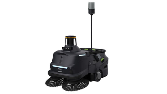 PUDU MT1 Max Kehrroboter für sehr große Flächen, Frontansicht mit Warnleuchte